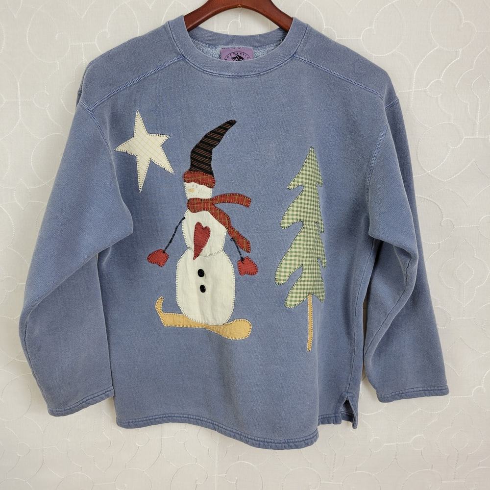 Authentic Pigment Women's Sweater Small Blue Snowman Print Crew Neck Long Sleeve